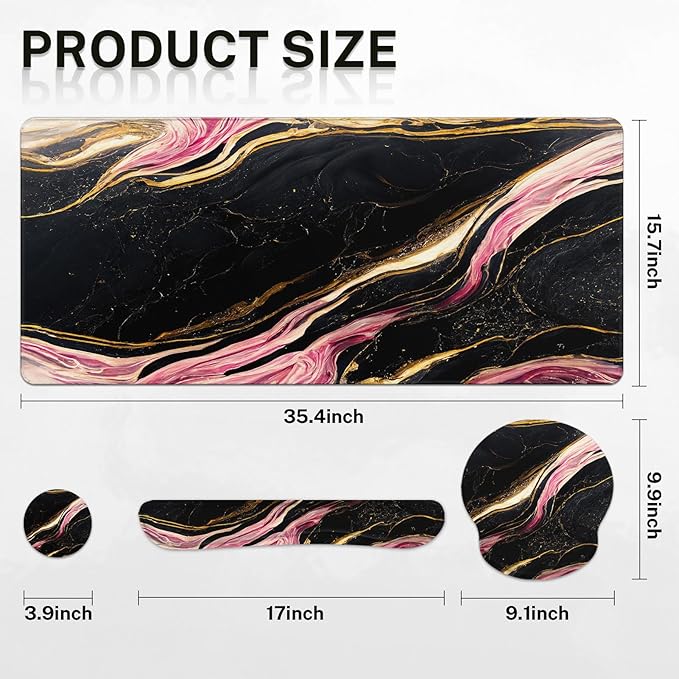 Britimes Pink Black Gold Marble Keyboard Mouse Pad Set 4in1 Large Mousepad+Keyboard Wrist Rest+Mouse Wrist Rest+Coaster Ergonomic Design for Home Office Computer 35.4x15.7 inches