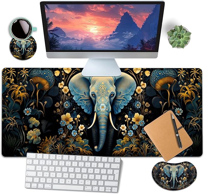 Large Mouse Pad with Mouse Wrist Rest 31.5x11.8 in Extended Mouse Mat with Non-Slip PU Base Ergonomic Memory Foam Wrist Rest for Work &amp Gaming Writing Pad Flowers Ornate Elephant Office Desk P