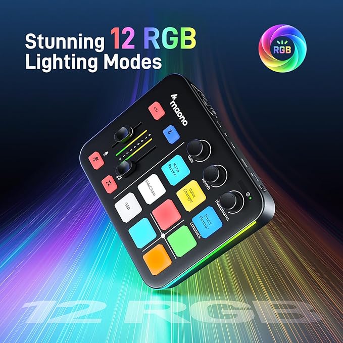 MAONO Gaming Audio Mixer &amp XLR Dynamic Microphone Audio Interface with Pro-preamp RGB Bluetooth 48V Phantom Power for Live Streaming Podcasting Content Create Gaming