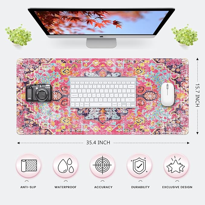 iLeadon 4In1 Desk Mat and Mouse Pad with Wrist Rest Set 35.1 x 15.75-inch Keyboard Wrist Rest Ergonomic Wrist Support for Home &amp Office Working GamingBoho Fuchsia