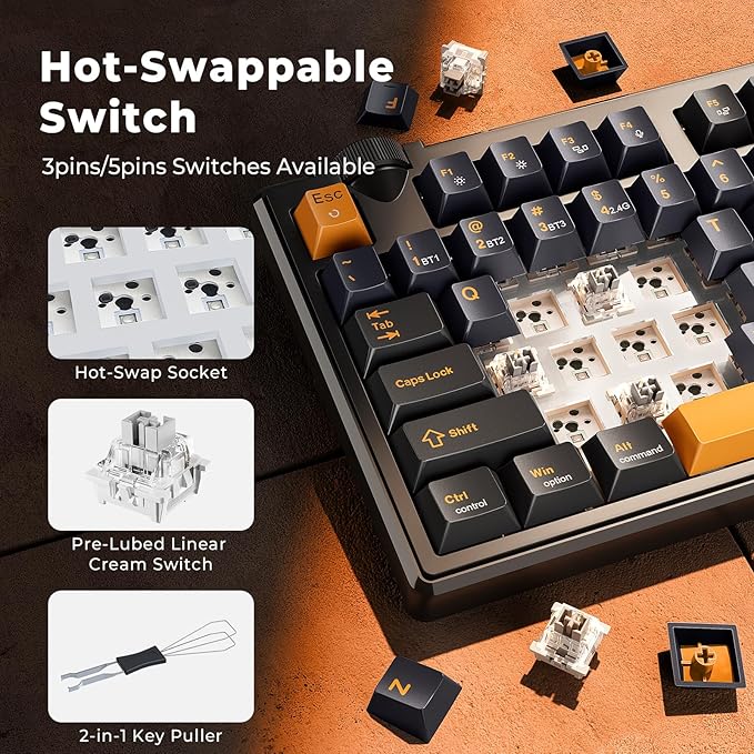 Redragon K716 Wireless Mechanical Keyboard with Knob Gasket Gaming Keyboard in TKL Layout Hot swap Pre-Lubed Switches RGB Backlight for PC/Mac (Black)