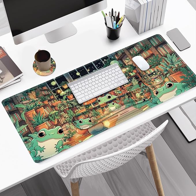 Large Gaming Mouse Pad Set 4 in 1 Ergonomics Keyboard Desk Mat with Memory Foam Wrist Rest Computer PC Extended Game Mousepad Non-Slip Desk Matt Easy Typing Pain Relief I Frog &amp Mushroom