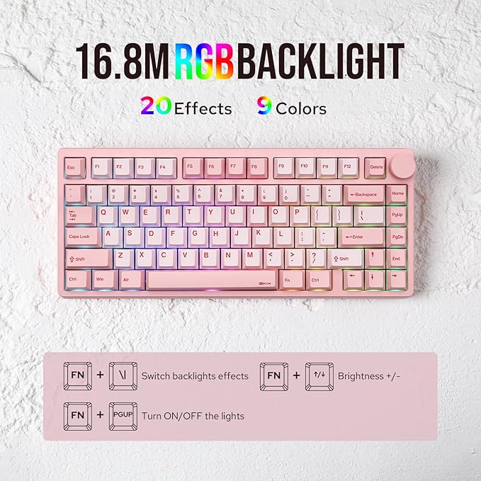 KiiBoom Moonshadow V2 75% Wireless Aluminum Gaming Keyboard QMK&ampVIA Programmable BT5.0/2.4GHz/USB-C Hot-Swappable Creamy Mechanical Keyboard with FR4 Plate Knob 4000mAh Battery (Pink)