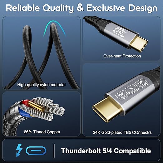 [80Gbps16K240W Thunderbolt 5 CableUSB4 Gen4 for Thunderbolt 416K@60Hz/Dual 8K@60Hz Video 240W for MacBook ProHubDockeGPULaptopsDisplay usbc to usbc Monitor Cable 6.6FT/2m