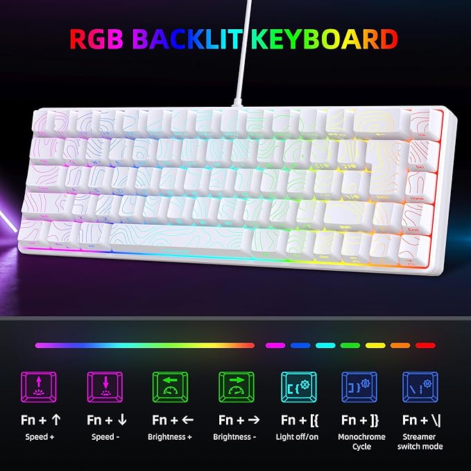 Snpurdiri 65% Wired Gaming Keyboard 68 Keys RGB Backlit Ultra-Compact Small Gaming Keyboard for PC/Mac Gamer Typist Travel Easy to Carry on Business Trip White