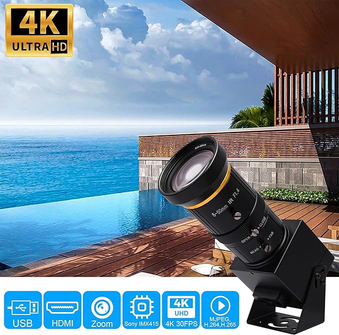 SVPRO 4K Streaming Webcam with 5-50mm Zoom Lens USB &amp HDMI Dual Ouput10X Optical Zoom Manual Focus Camera H.264 Computer Vision Industrial Security Camera for PC/Monitor/TV/Projector