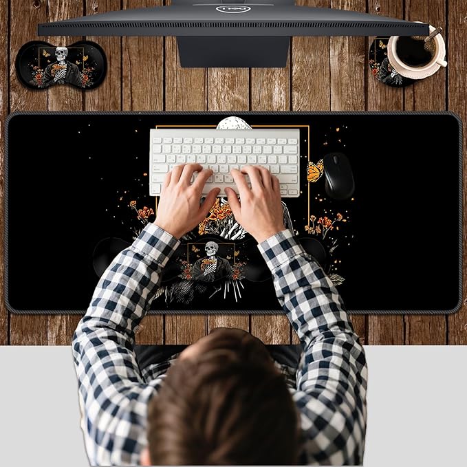 Ergonomic Keyboard Wrist Rest &amp Mouse Pad Wrist Rest SetXL Gaming Desk Mat 31.5x 11.8Non-Slip BaseMemory FoamEasy Typing Pain Relief for Office &amp HomeSkull with Orange Flowers