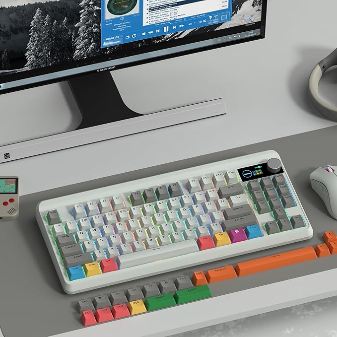 Womier M87 75% Mechanical Keyboard with TFT Smart Display &amp Knob Gasket Mount Tri-Mode Wireless Bluetooth/2.4G Hot-Swappable Linear Switches PBT Keycaps RGB Gaming Keyboard for Mac &amp Win (C
