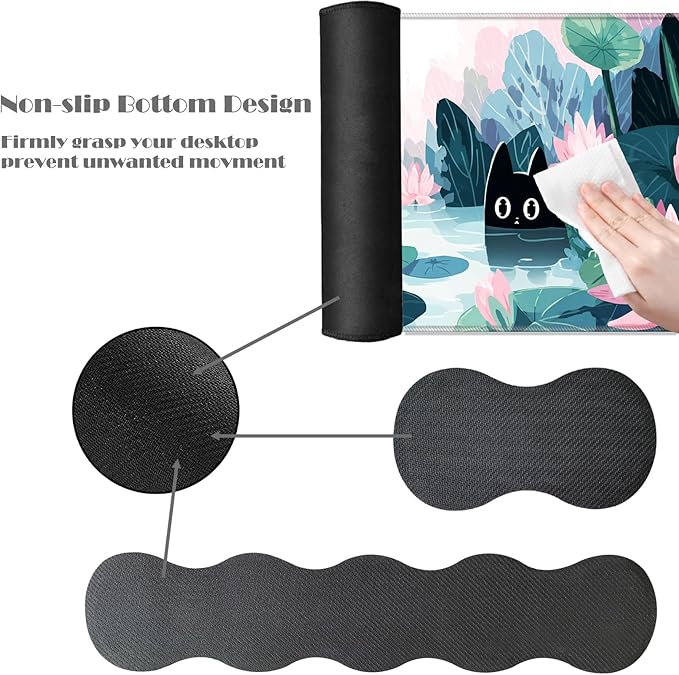 Ergonomic Keyboard Wrist Rest &amp Mouse Pad Wrist Rest SetXL Gaming Desk Mat 31.5x 11.8Non-Slip BaseMemory FoamEasy Typing Pain Relief for Office &amp HomeBlack Cat in Lotus Pond