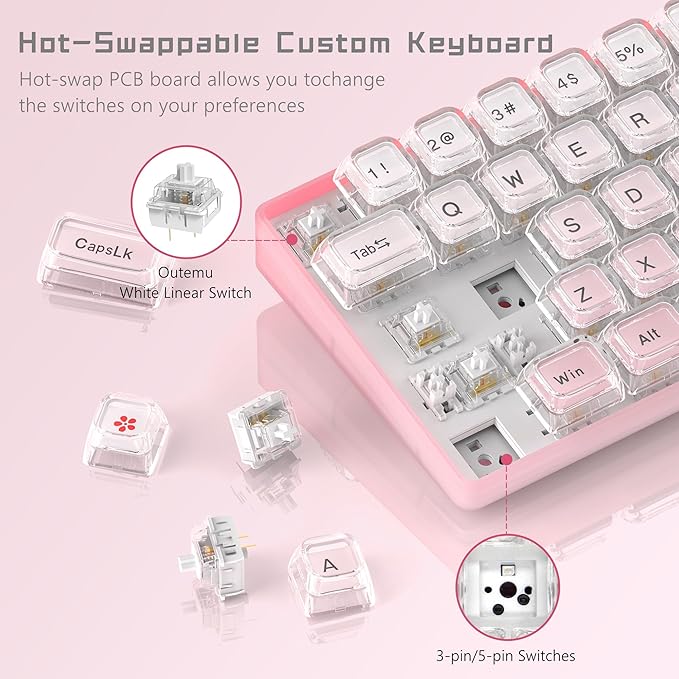 Womier 60% Keyboard Gaming Pink - Wired Creamy Mechanical Keyboard WK68 Hot-Swappable RGB Custom Mini Key Board with Arrow Keys/Software Supported Prelubrication Linear Switch (WK68-Pink)