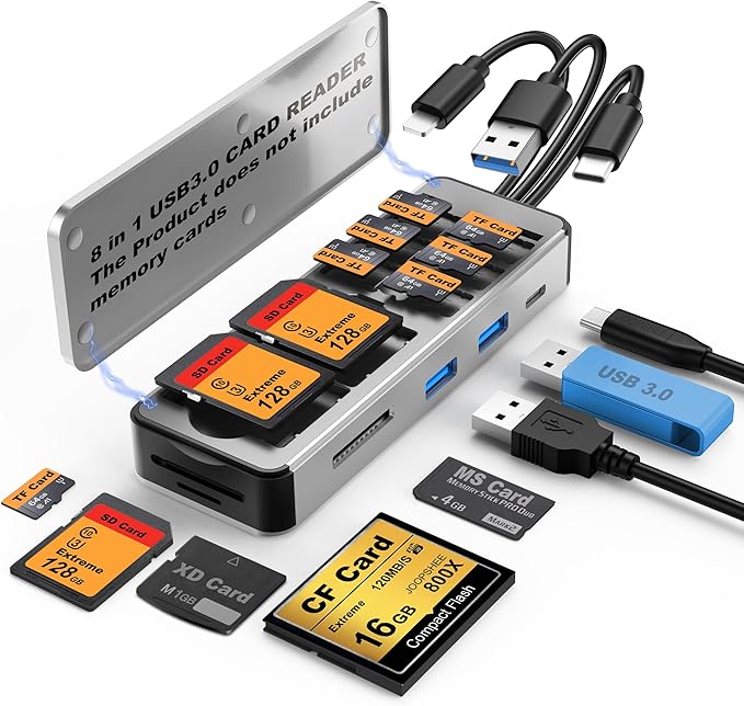8in1 Multi SD Card Reader Adapter Aluminum with Card Storage Carrying Box SD/TF/CF/MS/XD/Cfast/Memory Stick Pro Duo USB3.0 C&ampA Port for Phone/Pad/PC/LaptopNo Application Required Plug and Play
