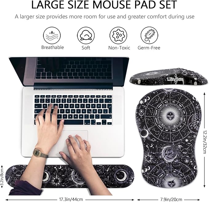 Mouse Pad Wrist Support 2 in1 Keyboard Wrist Rest+ Ergonomic Mouse Pad Non-Slip Wrist Rest for Computer Keyboard Made Easy Typing &amp Relieve Wrist Pain(Sun Moon)