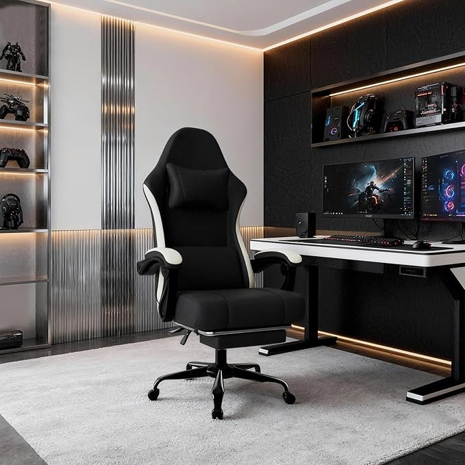 Gaming Chair High Back Fabric Computer Chair with Pocketed Spring Cushion and Footrest Height Adjustable Game Chair with Headrest and Lumbar Support (Beige &amp Black)