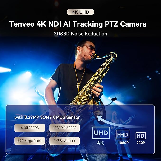 Tenveo 4K NDI PTZ Camera AI Humanoid &amp Face Auto-Tracking 20X Zoom 3G-SDI/HDMI/USB3.0/LAN(PoE) Live Streaming with Tally Light &amp IP Display for Live Streaming Video Production Church Events