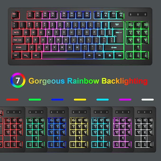 BlueFinger Wireless Keyboard and Mouse Combo Long Lasting Rechargeable Battery 87 Keys RGB Rainbow Backlit Gaming Keyboard &amp Ergonomic Light Up Gaming Mouse for Mac Laptop Computer PC Gamer