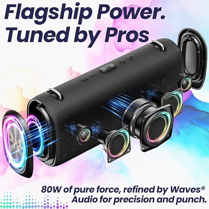 New Trent Vibe Pro Outdoor Bluetooth Speaker 80W Peak Loud Portable Wireless Speaker Waterproof IPX65 Deep Bass RGB Lights Studio Quality Sound Powered by Waves Audio Party &amp Pool Ready (Bla