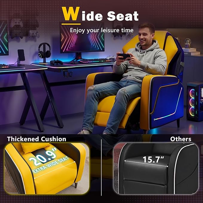 Gaming Recliner Chair with LED Lights Racing Style Big and Tall PU Leather Gaming Chair for Adults Lumbar Support Modern Ergonomic Comfortable Home Theater Seating for Living Room (Yellow)