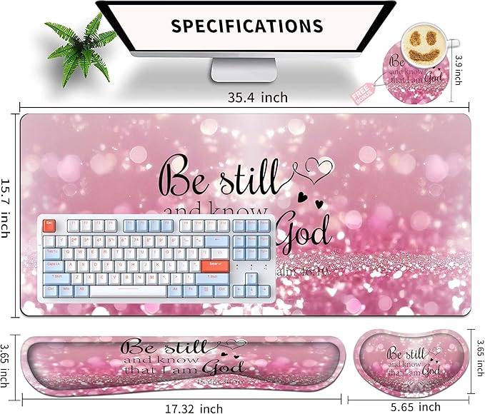 Large Gaming Mouse Pad Set 35.4 x 15.7 with Keyboard Wrist Rest Wrist Support and Coaster Memory Foam Smooth Desk Pad Mousepad for Home Office School - Christian Bible