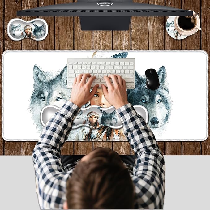 Ergonomic Keyboard Wrist Rest &amp Mouse Pad Wrist Rest SetXL Gaming Desk Mat 31.5x 11.8Non-Slip BaseMemory FoamEasy Typing Pain Relief for Office &amp HomeAmerican Wolf Woman