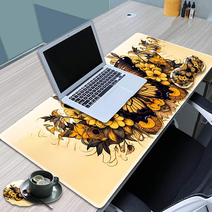 Large Game Mouse Pad + Wrist Support Pad + Coffee Coaster Desk Pad with Sewn Edges Anti-Slip Set pad Suitable for Office Work and Home - Yellow Sunflower Butterfly