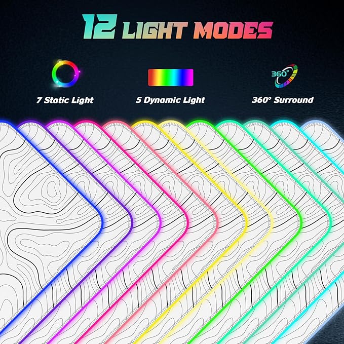 ITNRSIIET RGB Gaming Mouse Pad Full Desk XL Extended Large Gaming Mousepad 12 Lighting Modes 30% Thicker Big LED Desk Mat for Gamers 32 x 12 inches Topographic Contour White