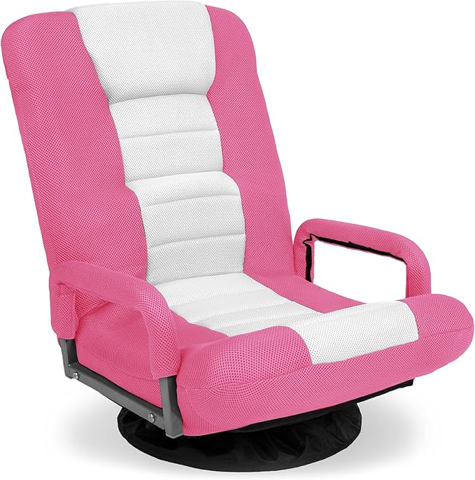 Best Choice Products Swivel Gaming Chair 360 Degree Multipurpose Floor Chair Rocker for TV Reading Playing Video Games w/Lumbar Support Armrest Handles Adjustable Foldable Backrest - Pink/White