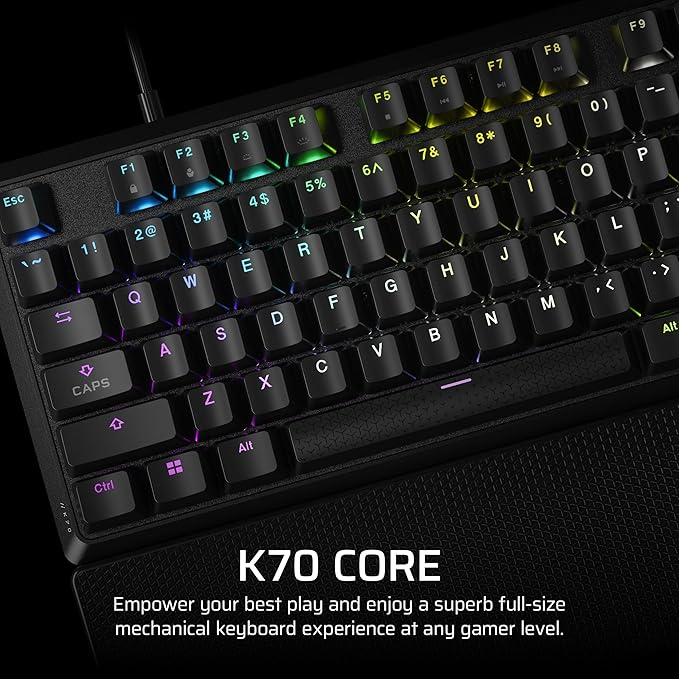 CORSAIR K70 CORE RGB Mechanical Wired Gaming Keyboard with Palmrest – Pre-Lubed MLX Red Linear Switches SOCD ABS Double-Shot Keycaps Sound Dampening Media Control Dial QWERTY NA – Black