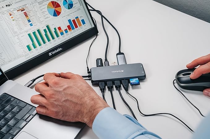 Verbatim USB C Hub 14-in-1 Multiport Adapter USB-C to HDMI VGA RJ45 USBA-A and USB-C PD with SD Card Reader for Mac MacBook Pro/Air iPad Pro Thinkpad Windows Computer Laptop and Co gray