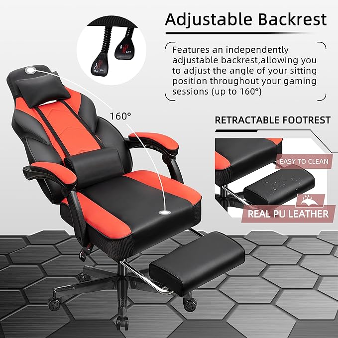 Shintenchi Gaming Chair with Footrest Massage Lumbar Support Height Adjustment and 360° Swivel Seat. Ergonomic Design for Gaming