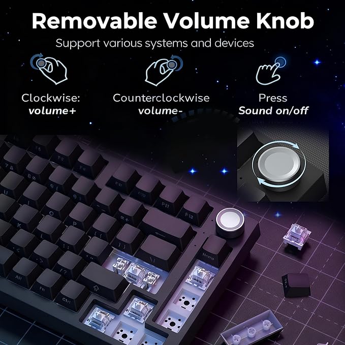 Keymatic Wireless Mechanical Keyboard75% Hot Swappable Custom Keyboard with KnobRGB BacklitSide Printed PBT Keycaps2.4GHz/USB-C/BT5.0 Mechanical Gaming Keyboards