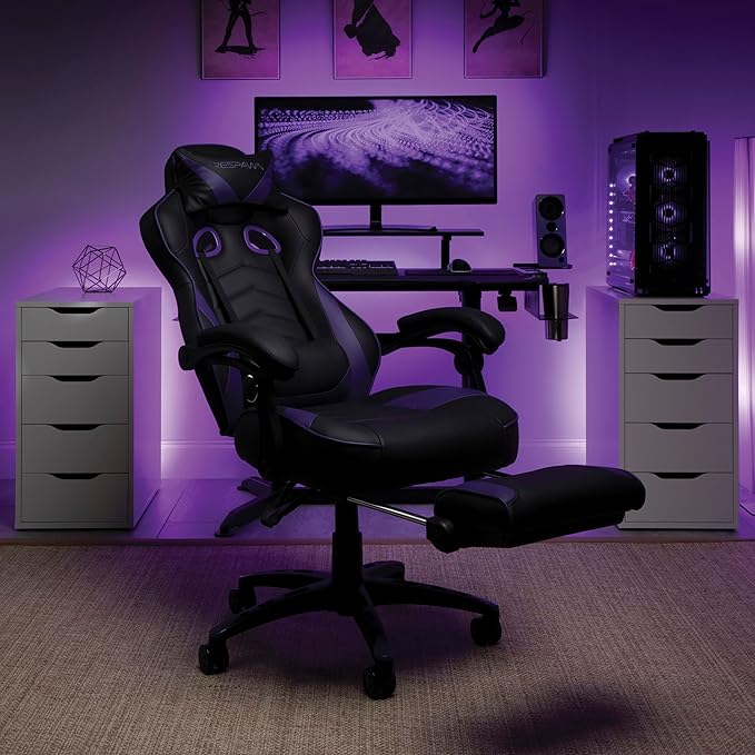 RESPAWN 110 Ergonomic Gaming Chair with Footrest Recliner - Racing Style High Back PC Computer Desk Office Chair - 360 Swivel Adjustable Lumbar Support Headrest Pillow Padded Armrests 2019 Purple