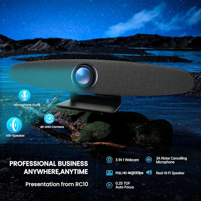 ROCWARE 4K UHD Video Conference System Camera [Voice Tracking &amp AI Autoframing] Webcam with Speaker and 4 Microphones All in-One Video Bar for All Conference Rooms 150°Wide Angle(5X Digital Zo