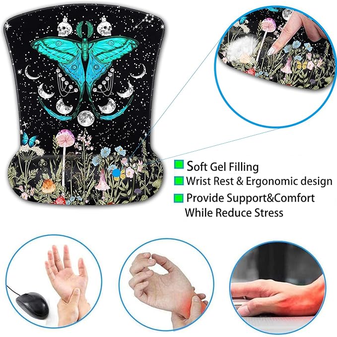 Keyboard Wrist Rest and Mouse Pad with Wrist Support Ergonomic Gel Mouse Padfor Easy Typing Pain Relief Memory Foam Keyboard Wrist RestMoth Moon Phase Witchy Black Mousepads Desktop Accessories