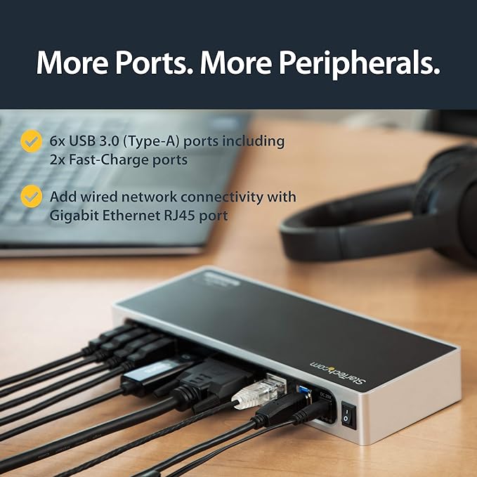 StarTech.com USB 3.0 Docking Station - Dual Monitor Laptop Docking Station with HDMI &amp DVI/VGA Video - 6-port USB 3.1 Gen 1 5Gbps Hub GbE Audio - Universal Type-A Dock - Windows &amp Mac (DK30A