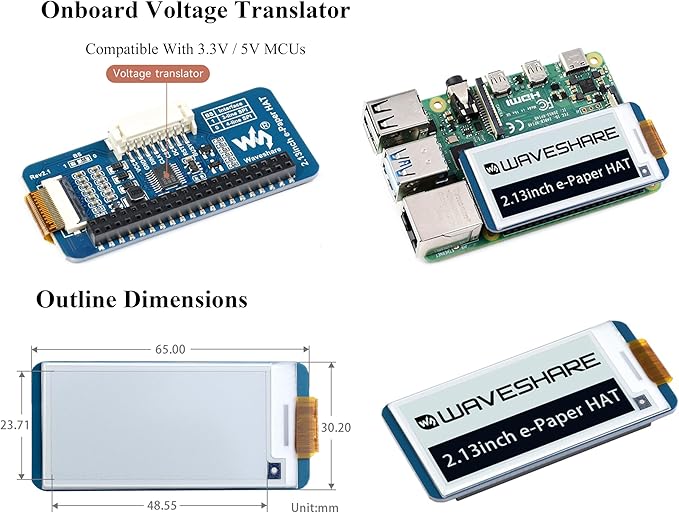 2.13inch E-Ink Display HAT V4 Version Compatible with Raspberry Pi 5/ 4B/3B+/3B/2B/A+/Zero W/Zero 2 W/Pico W/Pico 2WJetson Nano 250x122 Pixel e-Paper HAT SPI Interface Support Partial Refresh