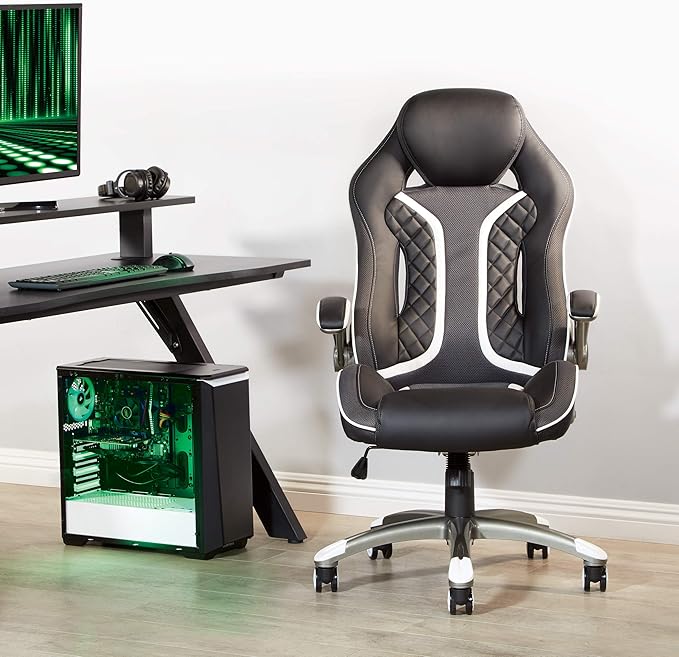 OSP Home Furnishings Xplorer 51 Ergonomic Adjustable High Back Gaming Chair with Lumbar Support and Padded Flip Arms Black Faux Leather with White Trim
