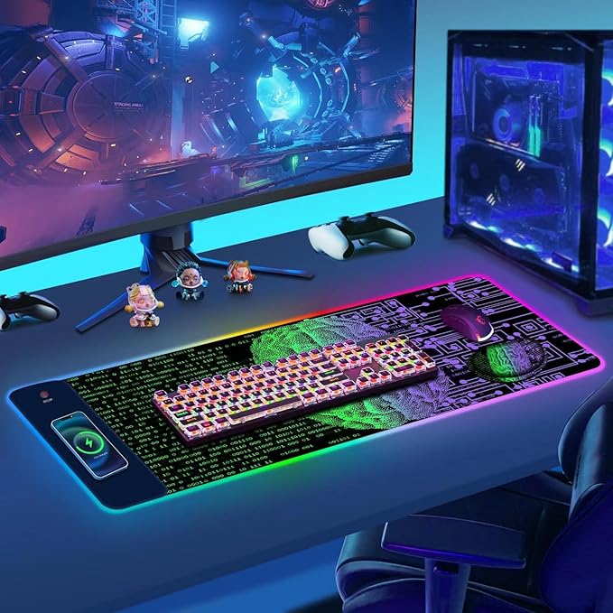 ToLuLu Wireless Charging RGB Gaming Mouse Pad 15W LED Mouse Mat with 30W Charger 14 Light Modes Large Mousepad Wrist Support Non-Slip Rubber Base Desk Mat Computer Keyboard Pad Right Left Brain