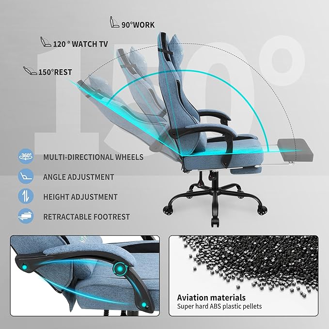 Gaming Chair Video Gaming Chairs for Adults Fabric Comfortable Computer Chair with Footrest Pocket Spring Cushion High Back Ergonomic Gamer Chair with 360° Swivel Seat for Office (Blue)