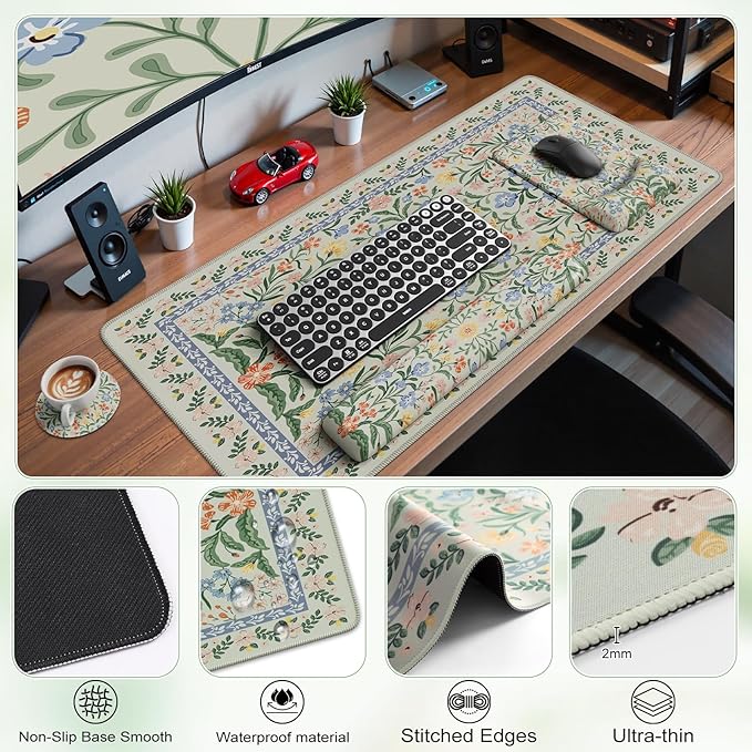 iCasso Mouse Pad with Wrist RestLarge Desk Mat SetErgonomic Keyboard Pad with Wrist SupportNon-Slip Mouse Mat for WomenCute Floral Computer Mat for Home Office Gaming (Green Floral)