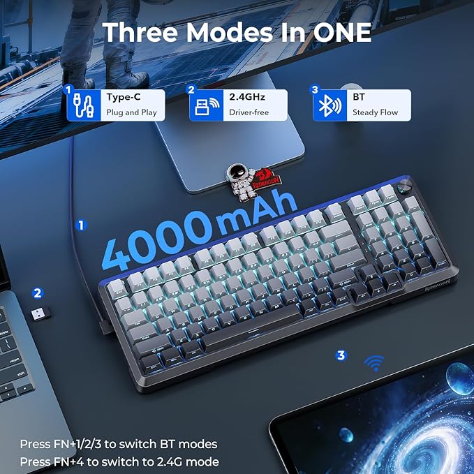 Redragon Wireless Mechanical Keyboard with KnobGasket StructureTri-Mode BT5.0/USB-C/2.4GHz Hot Swappable KeyboardCreamy SoundRGB Backlit PBT Keycaps Computer Gaming KeyboardsK688SP