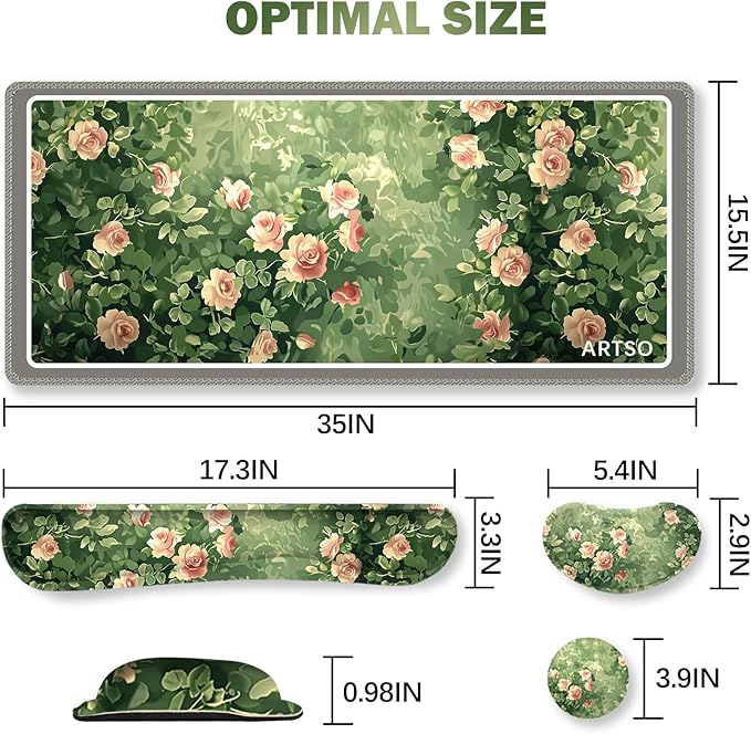 ARTSO Rose Floral Mouse Pad Wrist Support Set Desk Mat 4in1 XXL Large Mousepad + Keyboard Wrist Rest+Mouse Wrist Rest+Coaster Combo with Ergonomic Design for Home Office