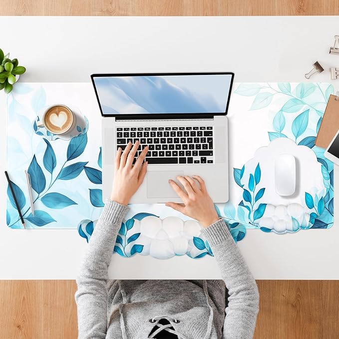 Conmputer Desk Mat Set 4 in 1 Cloud-Shaped Ergonomic Wrist Rest Set Mouse Pad with Non-Slip Base Memory Foam Silicone Lining Keyboard Wrist Rest Computers Offices Gaming Blue Stained Leaves