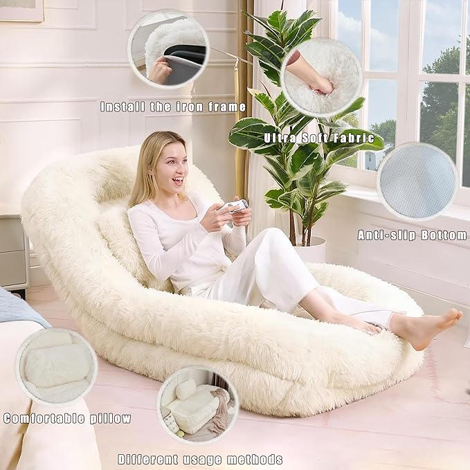 Floor Chair with Back Support Human Dog Bed with 5 Adjustable Position Convertible Lazy Floor Lounger Comfy Gaming Chair Plush Folding Sofa Bed for Adult Living Room Bedroom Cream Beige