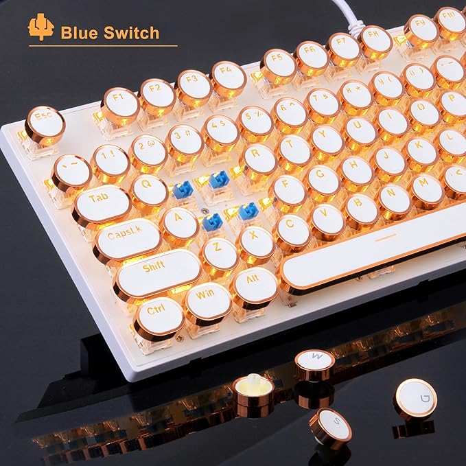 MageGee Typewriter Mechanical Gaming Keyboard Retro Gold Punk Round Keycaps LED Backlit Wired Keyboards for Laptop MAC PC Gamer with Magnetic Wrist Rest - Blue Switch