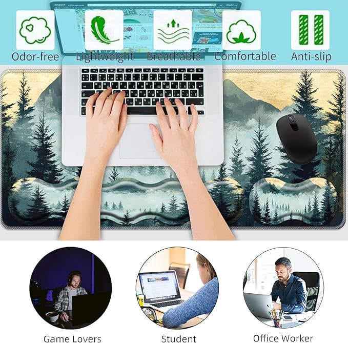 Keyboard Wrist Rest+Mouse Wrist Pad+Desk Pad SetMemory Foam Ergonomic Easy Typing Pain Relief for Computer Laptop Office Home - Mountain Stream
