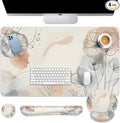 Arttown Watercolor Flower Leaf Desk Mat Summer Mouse Pad Set 4 in 1 Botanical Ergonomic Design Large Desk Pad + Keyboard Wrist Rest + Mouse Wrist Rest + Coaster Suitable for Home Office Study Game