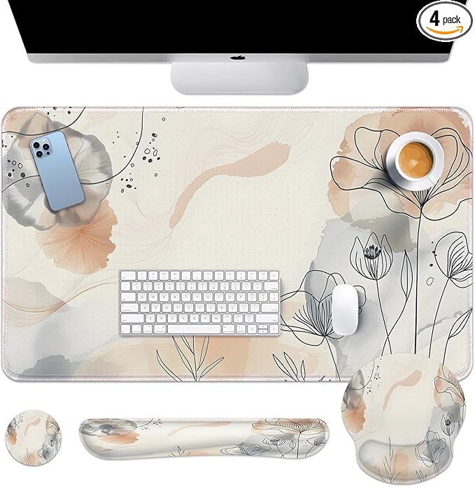 Arttown Watercolor Flower Leaf Desk Mat Summer Mouse Pad Set 4 in 1 Botanical Ergonomic Design Large Desk Pad + Keyboard Wrist Rest + Mouse Wrist Rest + Coaster Suitable for Home Office Study Game