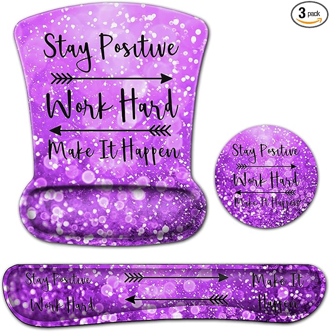Mouse Pad with Wrist Support Ergonomic Gel Mousepad Memory Foam Keyboard Wrist Rest Suitable for Office TypingGames Desktop Decoration Stay Positive Work Hard and Purple Glitter Graphic for Women
