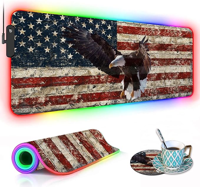 RGB Gaming Mouse Pad with Coffee Coaster XXL Large Glowing LED Mousepad Anti-Slip Rubber Base Computer Keyboard Desk Mouse Mat 31.5 X 11.8 Inch - Military Wall Graffiti USA Flag Bald Eagle