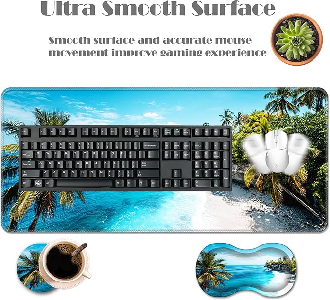 Ergonomic Keyboard Wrist Rest &amp Mouse Pad Wrist Rest SetXL Gaming Desk Mat 31.5x 11.8Non-Slip BaseMemory FoamEasy Typing Pain Relief for Office &amp HomeTropical Beach Palm Trees